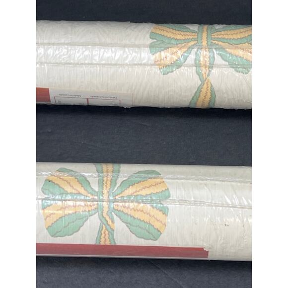 Vintage Wallpaper Wavy Bows Stripe Green Yellow 2 Rolls Stonebridge Cottage - Picture 1 of 8